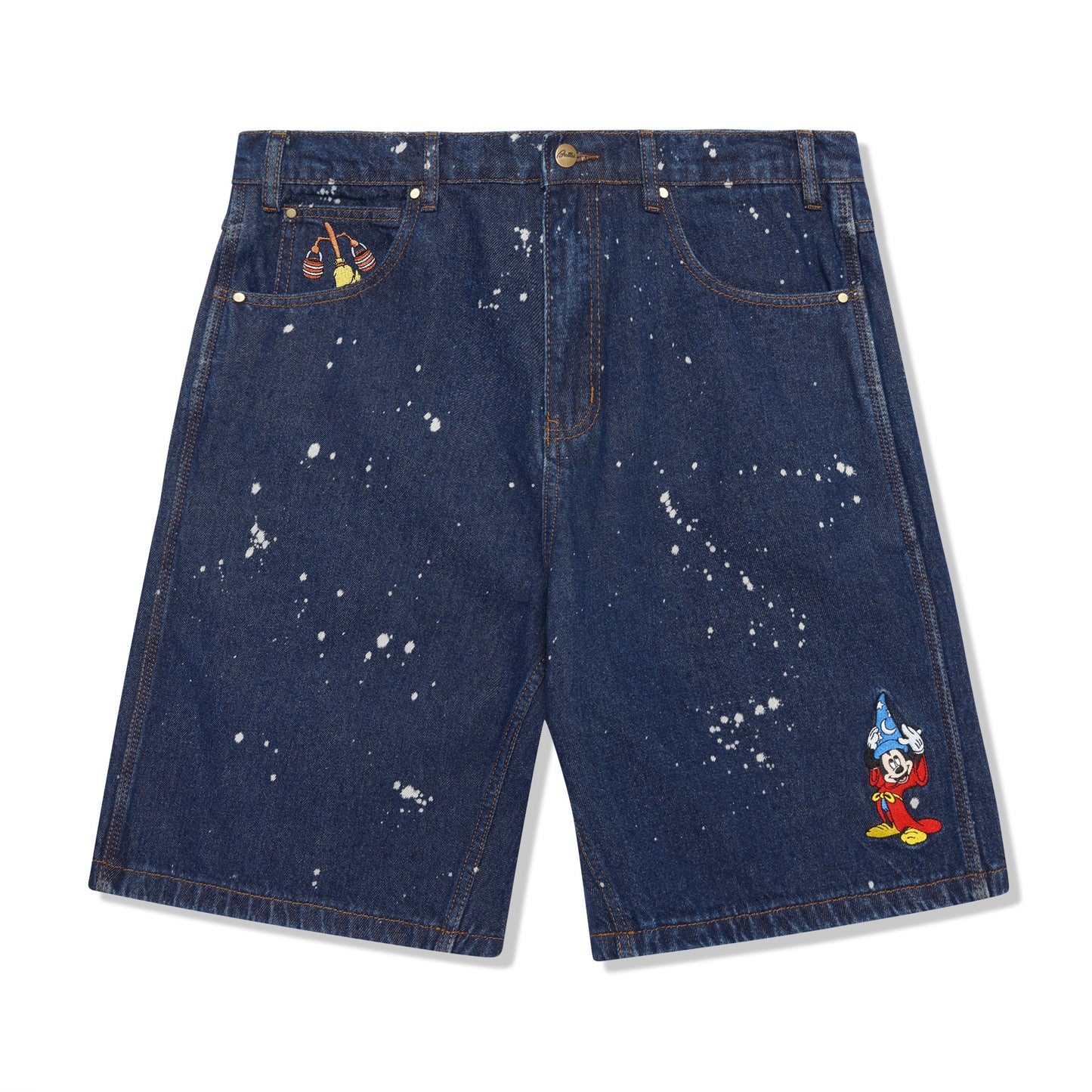  Sorcerer Baggy Denim Shorts, Dark Indigo Bleach Splatter