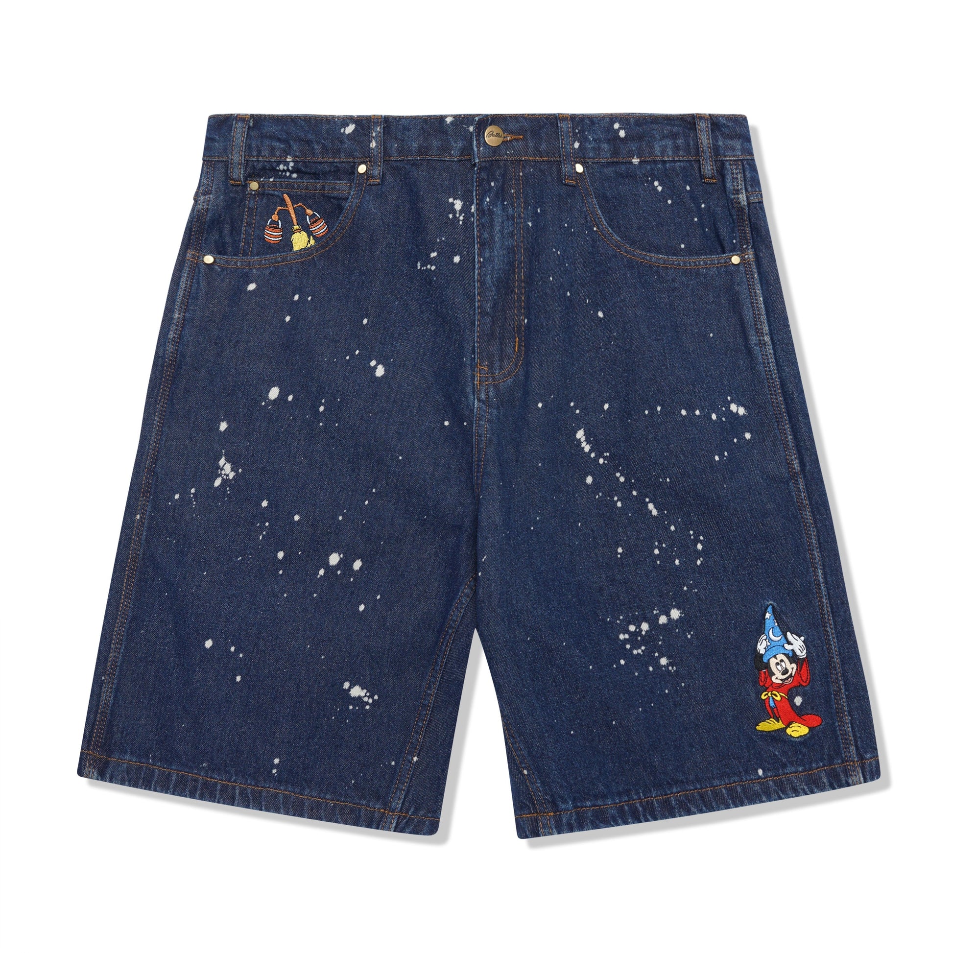  Sorcerer Baggy Denim Shorts, Dark Indigo Bleach Splatter
