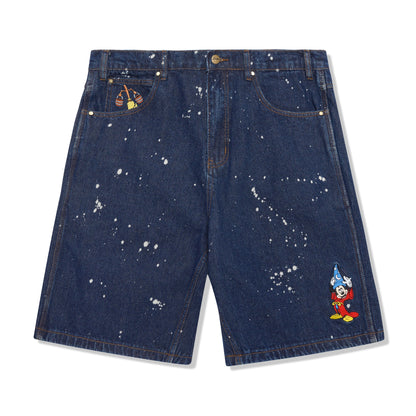  Sorcerer Baggy Denim Shorts, Dark Indigo Bleach Splatter