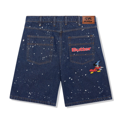  Sorcerer Baggy Denim Shorts, Dark Indigo Bleach Splatter