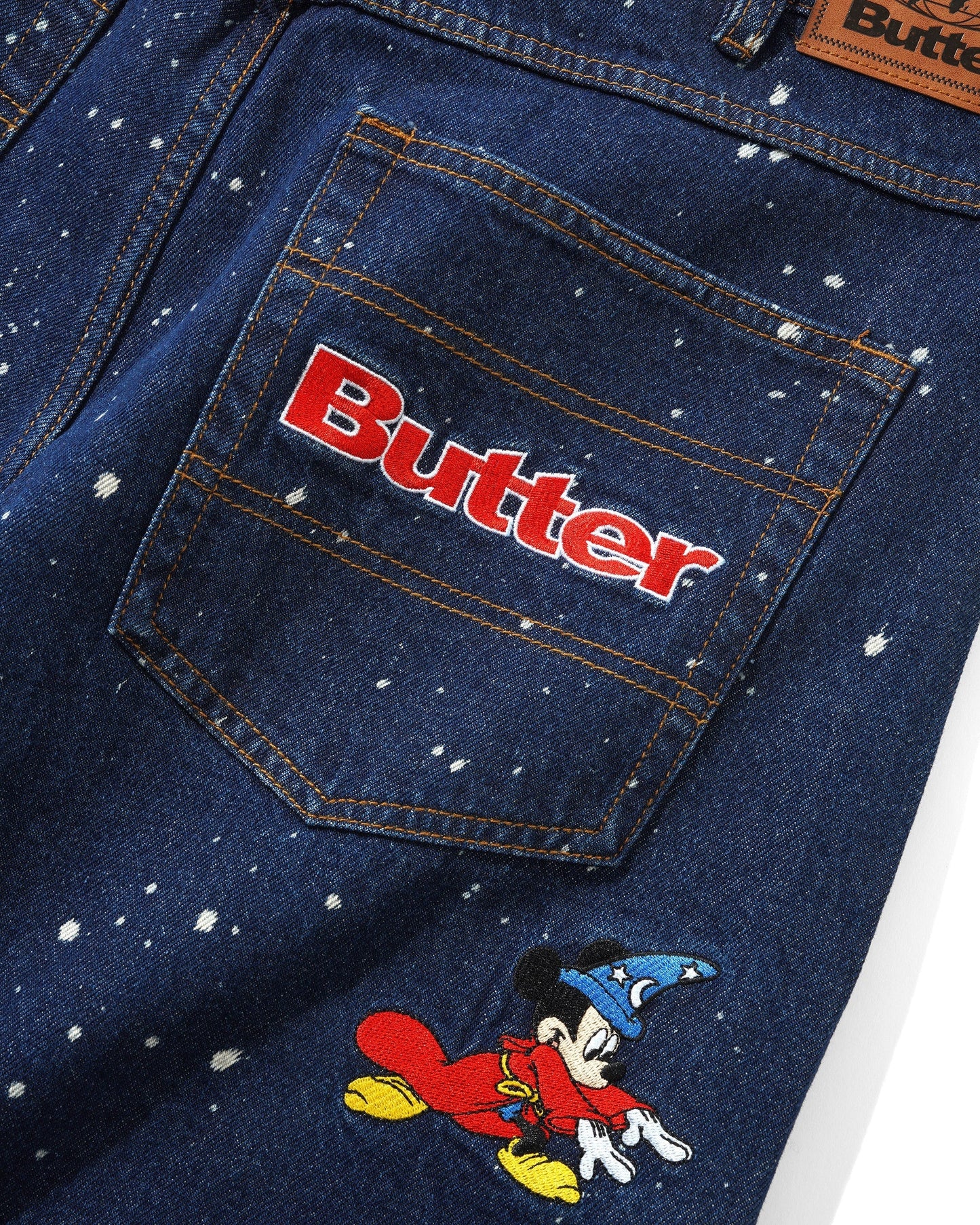  Sorcerer Baggy Denim Shorts, Dark Indigo Bleach Splatter