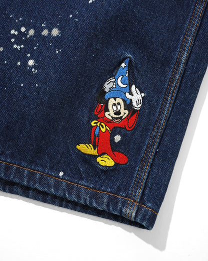  Sorcerer Baggy Denim Shorts, Dark Indigo Bleach Splatter