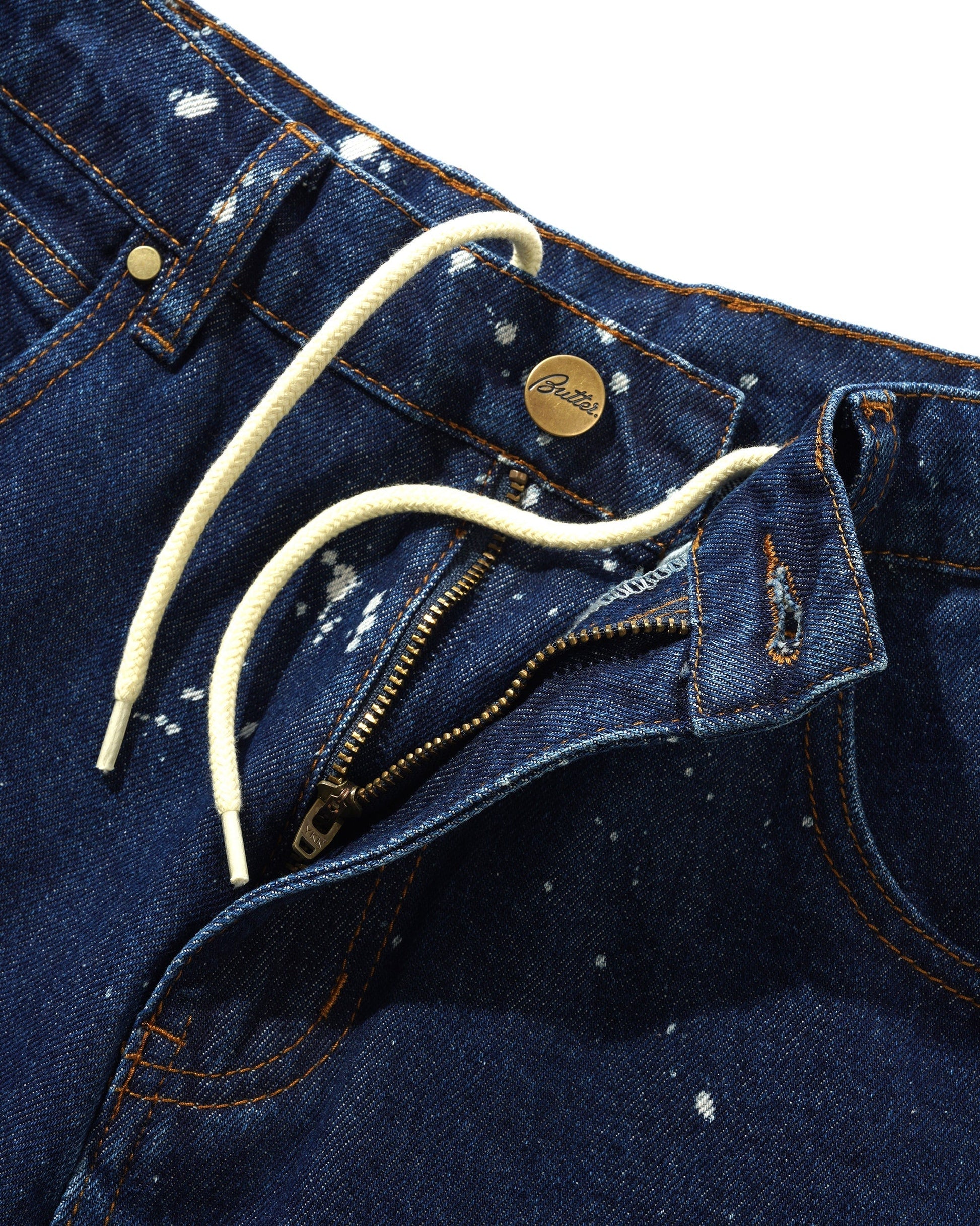  Sorcerer Baggy Denim Shorts, Dark Indigo Bleach Splatter